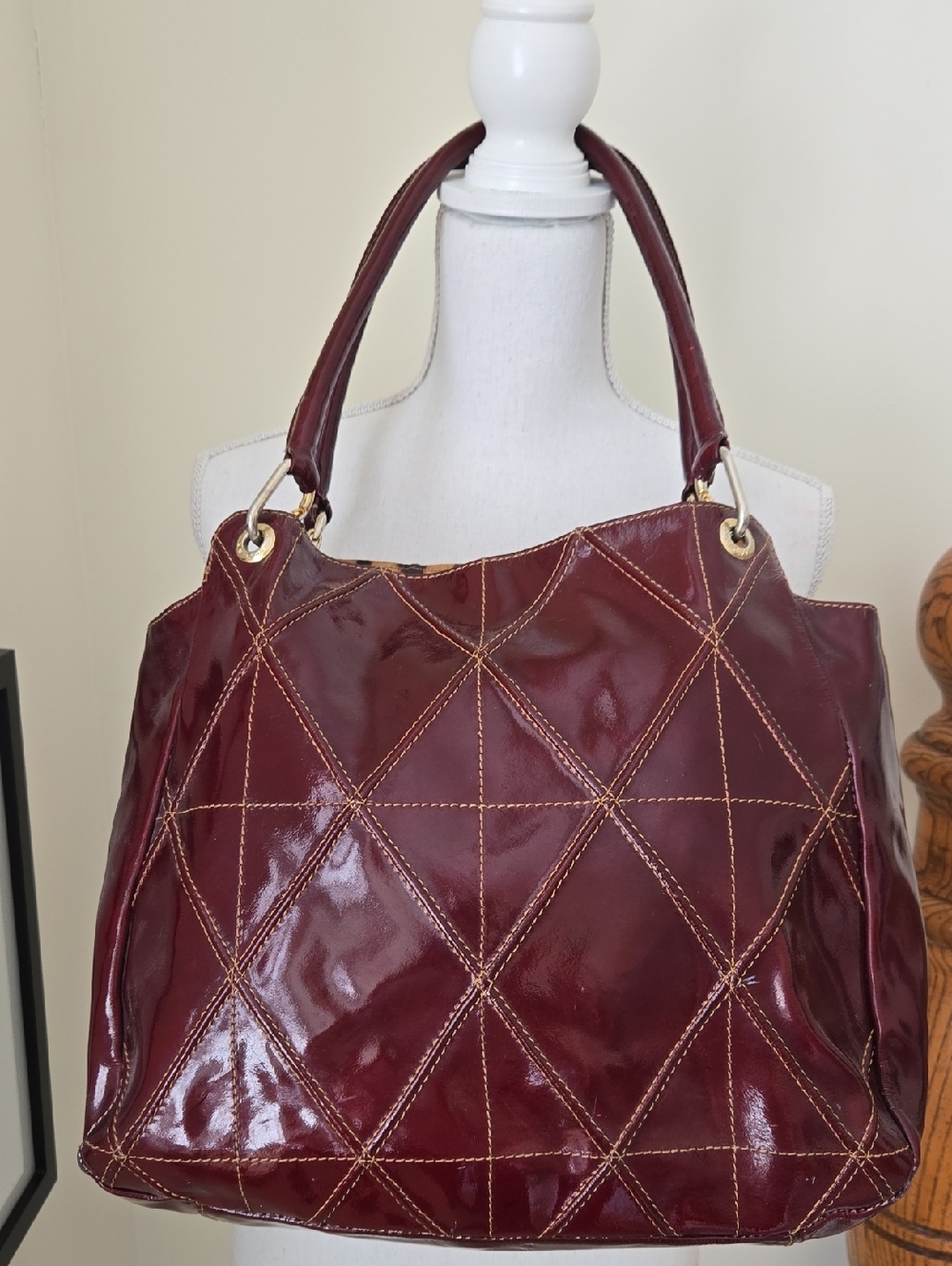 Plinio Visona Dark Red Quilted Patent Leather Tote Bag